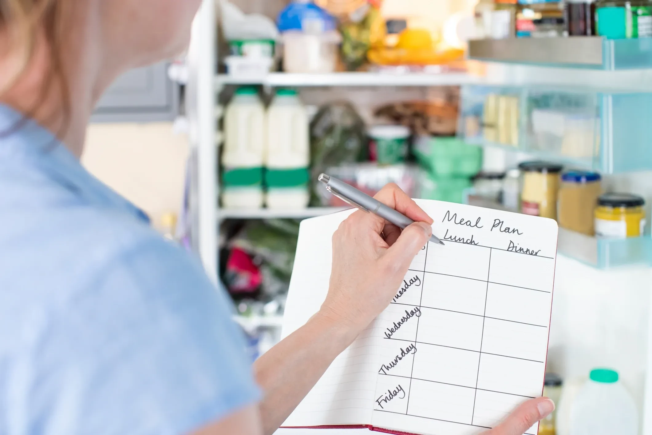 A weekly meal plan written in a notebook on a kitchen table